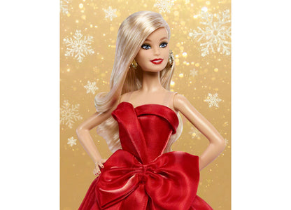 Barbie 2026 Holiday doll in red strapless gown with bow detail and blonde hair
