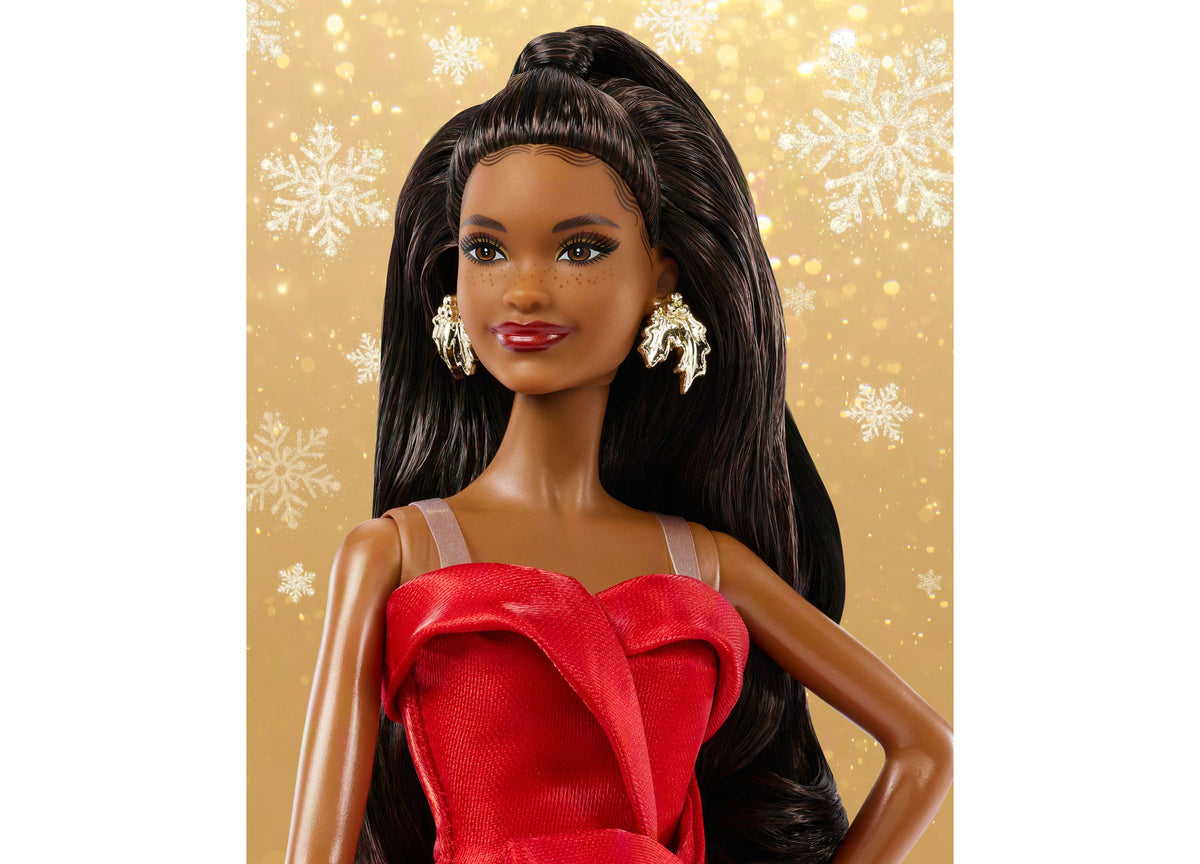Barbie 2026 Holiday 13-Inch Collectible Fashion Doll in red strapless gown with bow detail against gold snowflake bac...