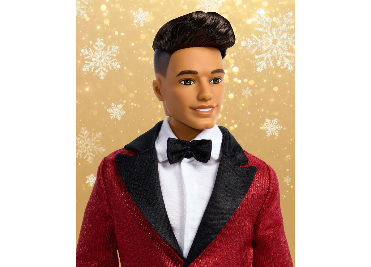 Barbie 2026 Holiday Ken 13-Inch Collectible Fashion Doll with black hair wearing red and black tuxedo