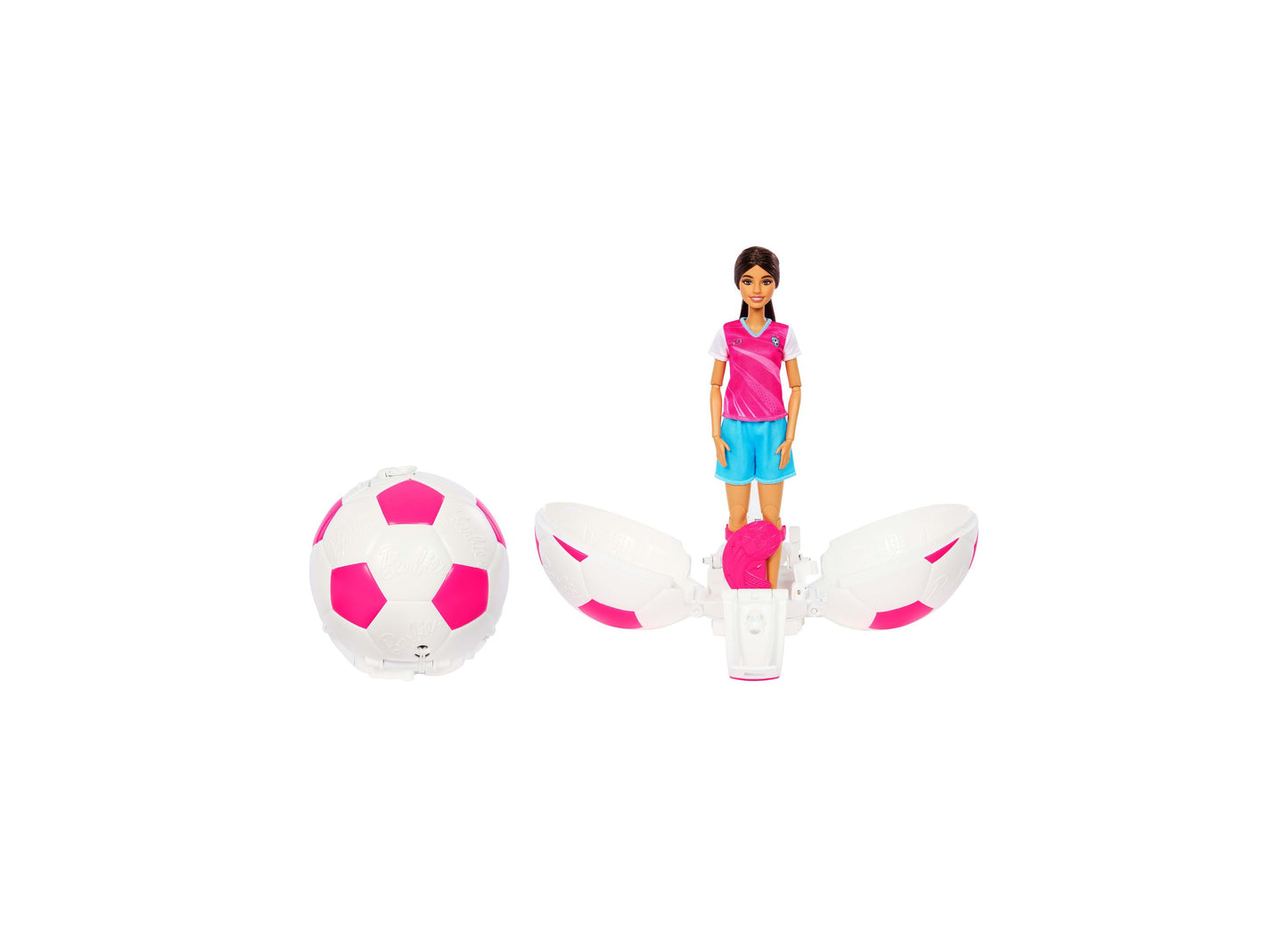 Barbie Roll & Reveal Soccer Player doll with pink and white soccer ball and wings