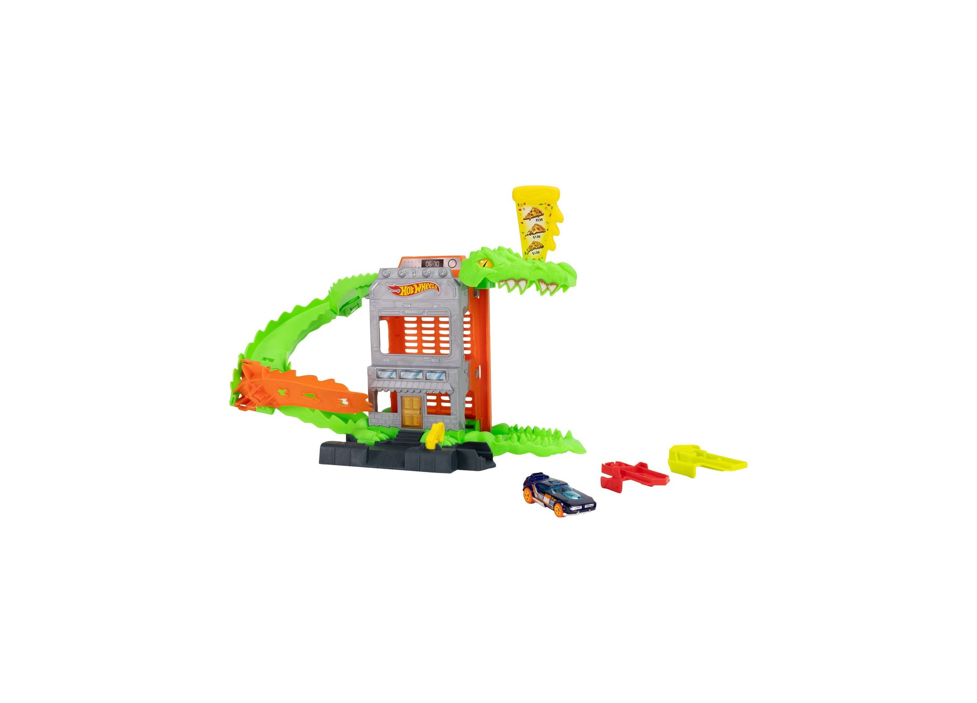 Hot Wheels City Croc Pizza Attack Playset with green crocodile track and die-cast car