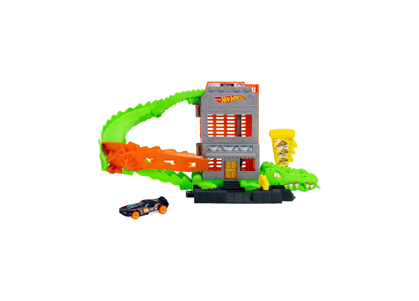 Hot Wheels City Croc Pizza Attack Playset with green crocodile track and orange car