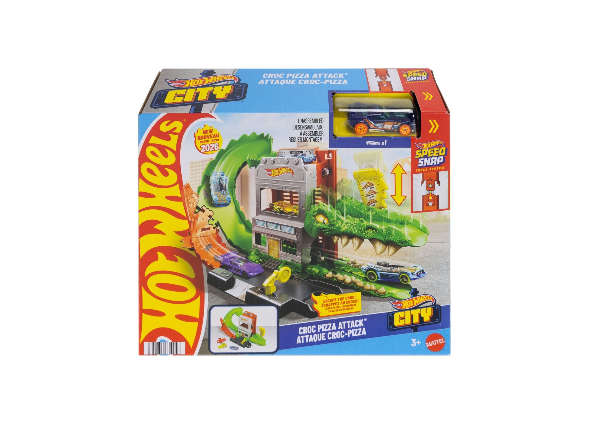 Hot Wheels City Croc Pizza Attack Playset with green crocodile building and purple race car