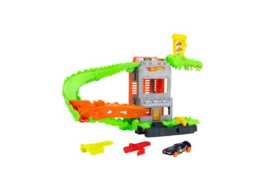 Hot Wheels City Croc Pizza Attack Playset with green crocodile track and die-cast car