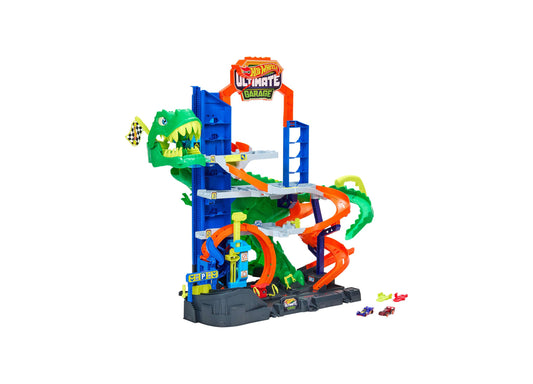 Hot Wheels Ultimate T-Rex Garage Playset with green dinosaur, blue tower, orange tracks, and 2 die-cast cars