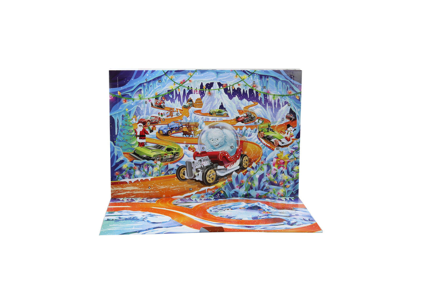 Hot Wheels 2026 Advent Calendar with 10 toy vehicles in 1:64 scale, featuring colorful winter scene and orange track