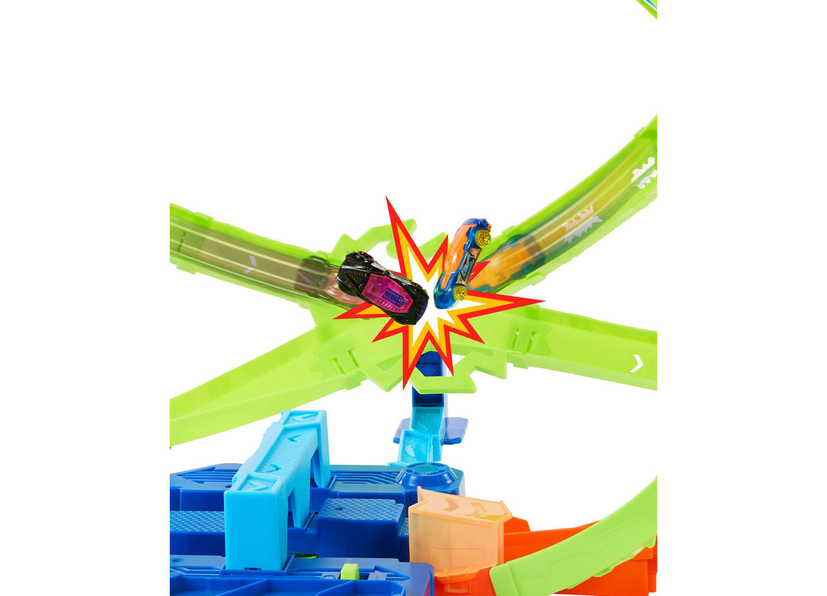 Hot Wheels Hypersphere Crash Dual-Loop Stunt Track Playset with green track loops, blue base, and red car mid-collision