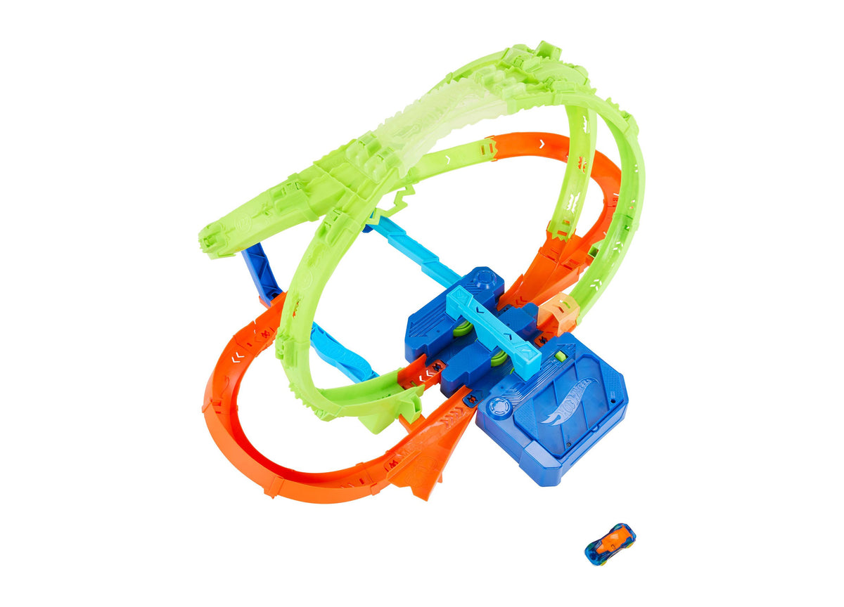 Hot Wheels Hypersphere Crash Dual-Loop Stunt Track Playset with green and orange looping track, blue booster station,...