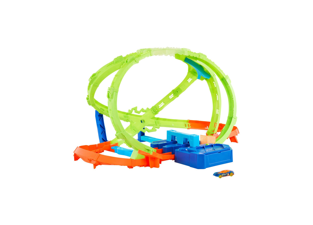 Hot Wheels Hypersphere Crash Dual-Loop Stunt Track Playset with bright green loops, orange and blue track sections, a...