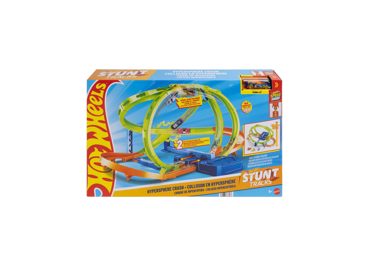 Hot Wheels Stunt Tracks Hypersphere Crash dual-loop playset with green and orange track, blue base, and included 1:64...