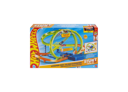 Hot Wheels Stunt Tracks Hypersphere Crash dual-loop playset with green and orange track, blue base, and included 1:64...