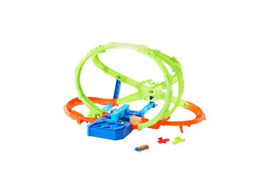 Hot Wheels Hypersphere Crash Dual-Loop Stunt Track Playset with green loops, orange track sections, blue base, and in...