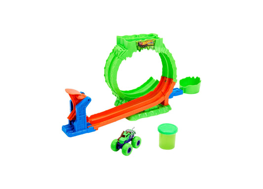 Hot Wheels Monster Trucks Mutant Chaos Loop Challenge Playset with green loop track, launcher, and slime