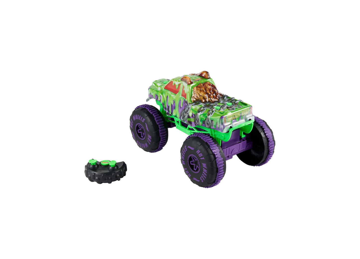 Hot Wheels Mutant Chaos Wreckin' Wolf RC monster truck in green and purple with remote control