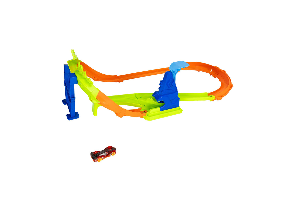 Hot Wheels Jump Circuit Speedway Track Set with blue, lime green, and orange track pieces and red die-cast car