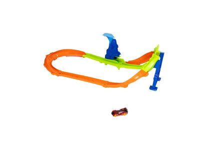 Hot Wheels Jump Circuit Speedway Track Set with orange loop, lime-green ramp, blue launcher, and red die-cast car