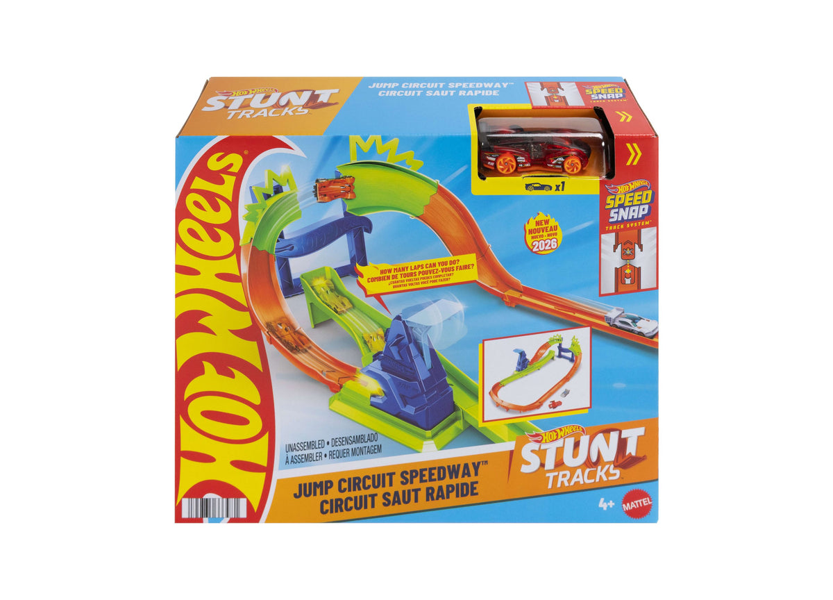 Hot Wheels Jump Circuit Speedway Stunt Tracks set with orange loop track, green ramp, blue launcher, and red die-cast...