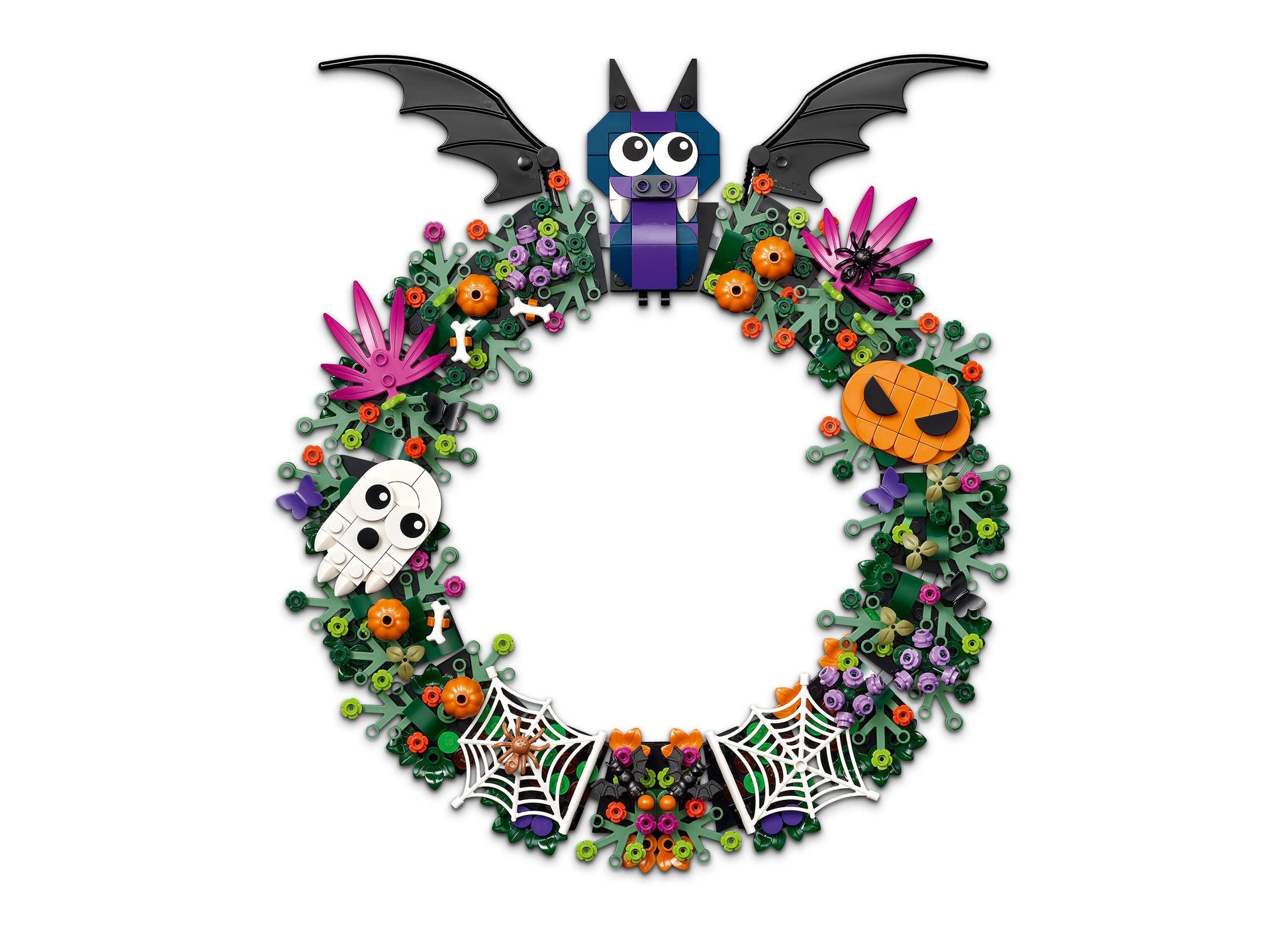 LEGO Halloween Wreath 40825 building set featuring purple bat, skeleton, jack-o'-lantern, and colorful flowers