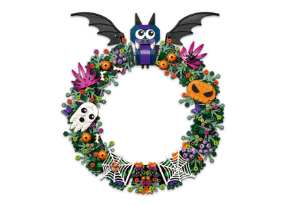 LEGO Halloween Wreath 40825 building set featuring purple bat, skeleton, jack-o'-lantern, and colorful flowers