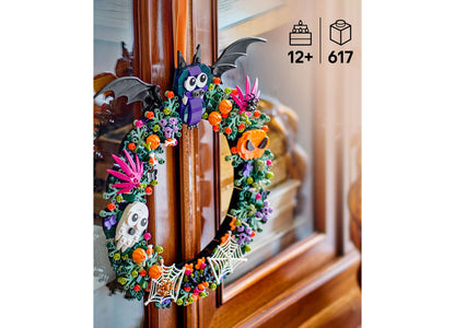LEGO Halloween Wreath 40825 with purple bat, skull, colorful flowers and orange pumpkins