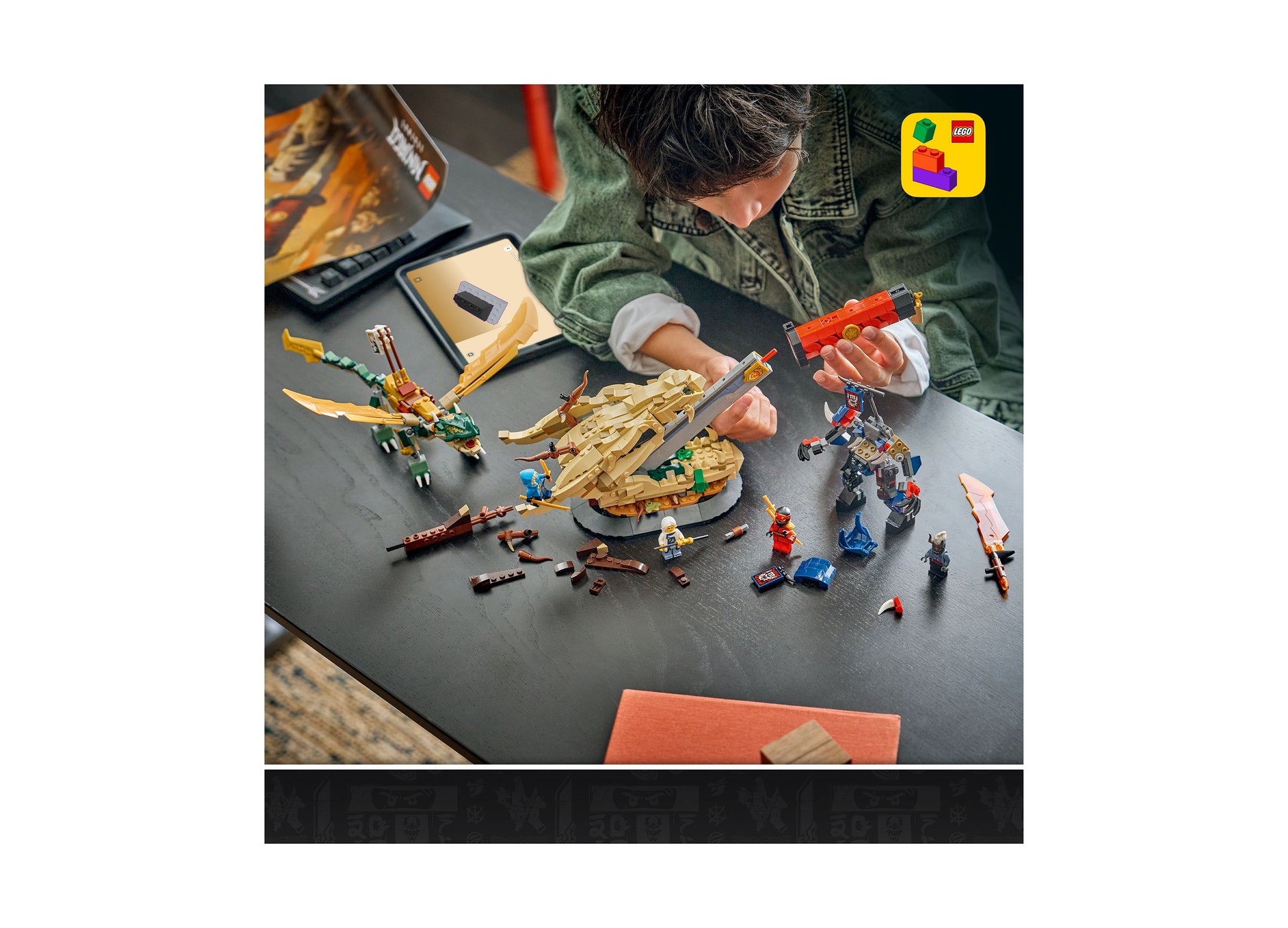 LEGO NINJAGO Battle at the Dragon's Blade 71871 set with golden dragon, minifigures, and weapons displayed on table