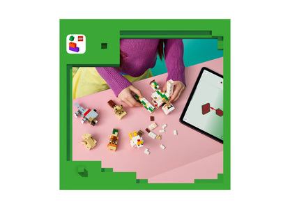 LEGO Minecraft Chicken Jockey Desert Attack 21592 building set with colorful minifigures and blocks on pink surface