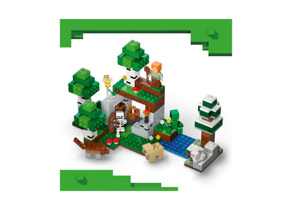 LEGO Minecraft First Night Adventure 21593 building set with minifigures, trees, and animals on green baseplate