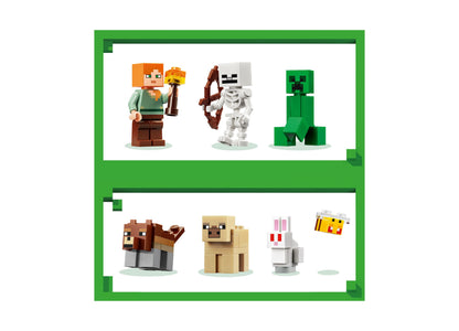 LEGO Minecraft First Night Adventure set with 301 pieces featuring Alex, Skeleton, Creeper, Cow, Golem, Rabbit minifi...