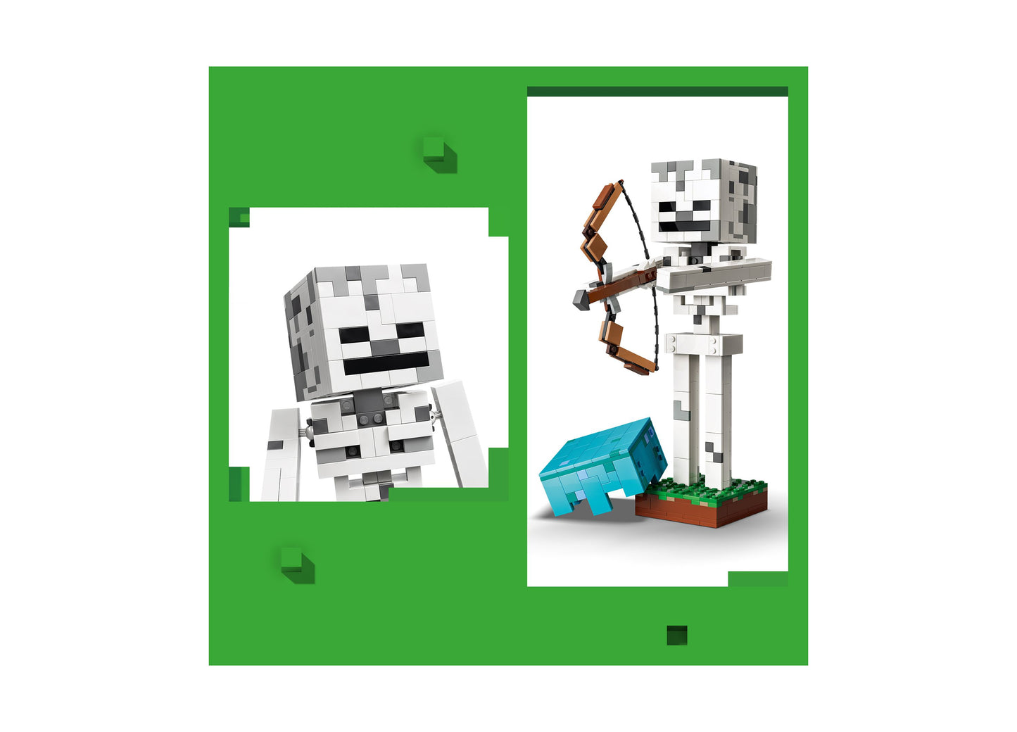 LEGO Minecraft Skeleton 21594 building set featuring white skeleton figure with bow and blue axe