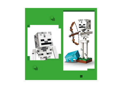 LEGO Minecraft Skeleton 21594 building set featuring white skeleton figure with bow and blue axe
