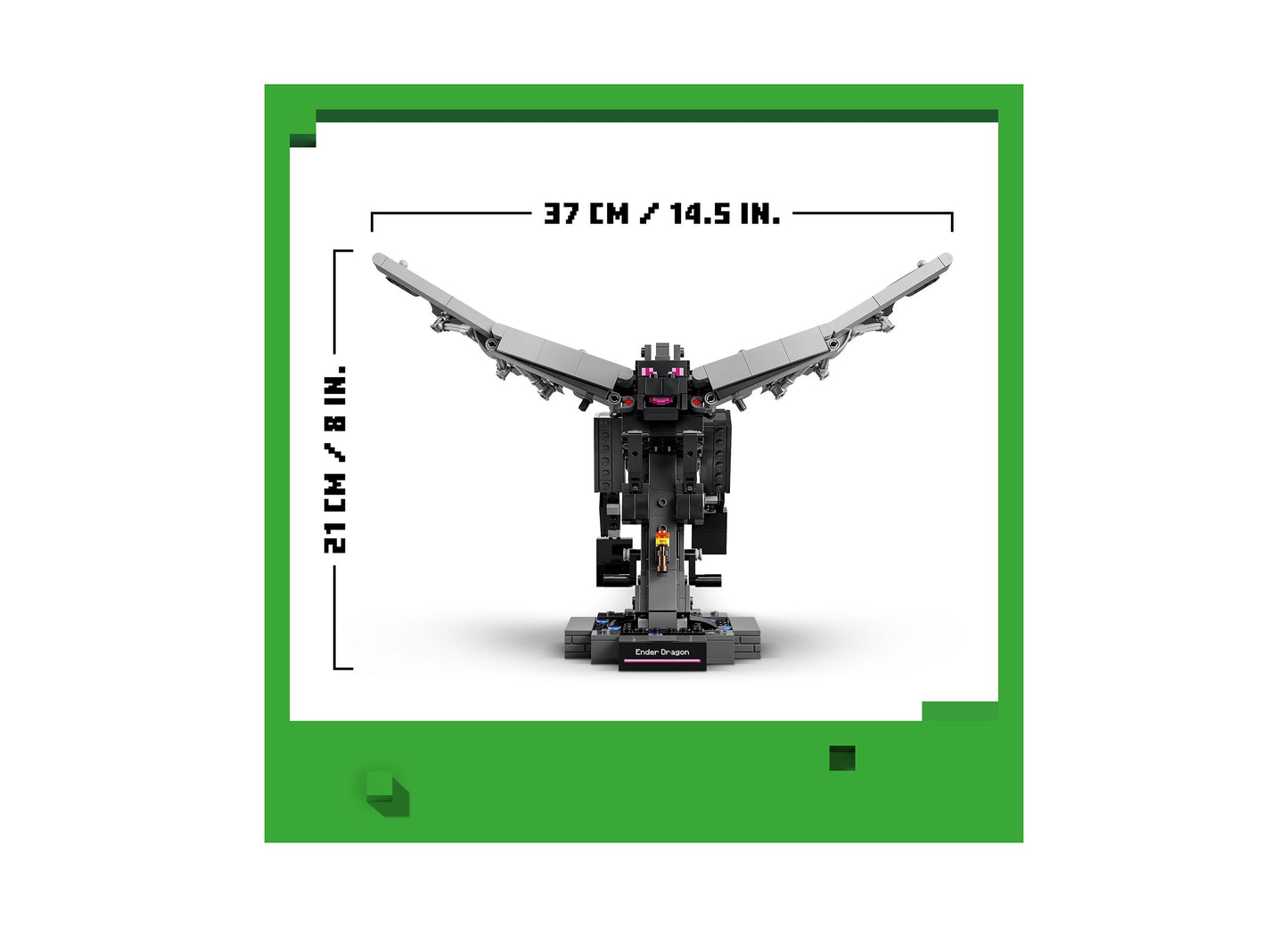 LEGO Minecraft Ender Dragon 21595 building set with gray wings and black body displayed with dimensions