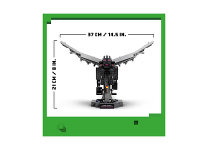 LEGO Minecraft Ender Dragon 21595 building set with gray wings and black body displayed with dimensions
