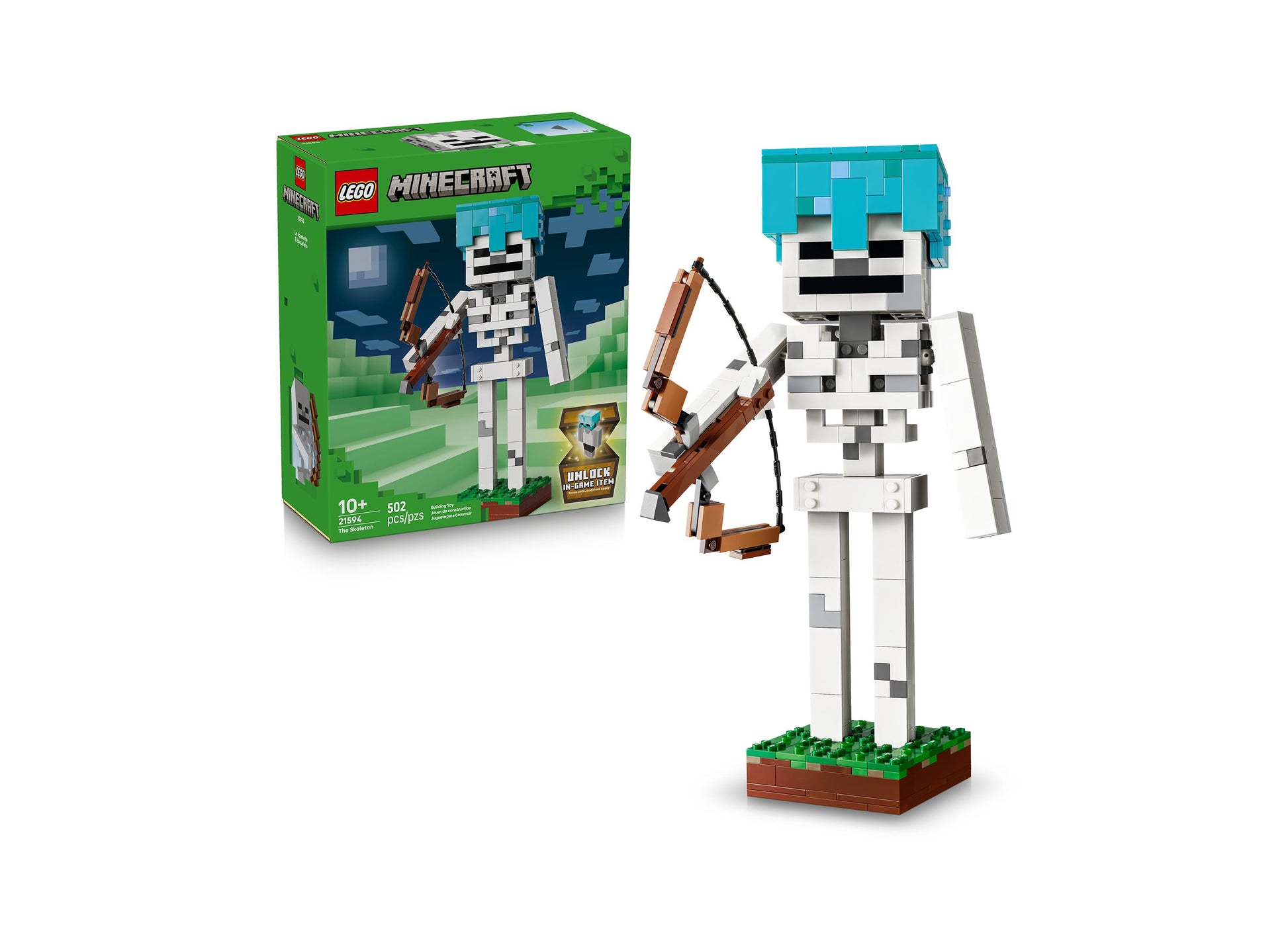 LEGO Minecraft Skeleton 21594 building set with white skeleton figure, turquoise hair, brown bow and arrow, 502 pieces