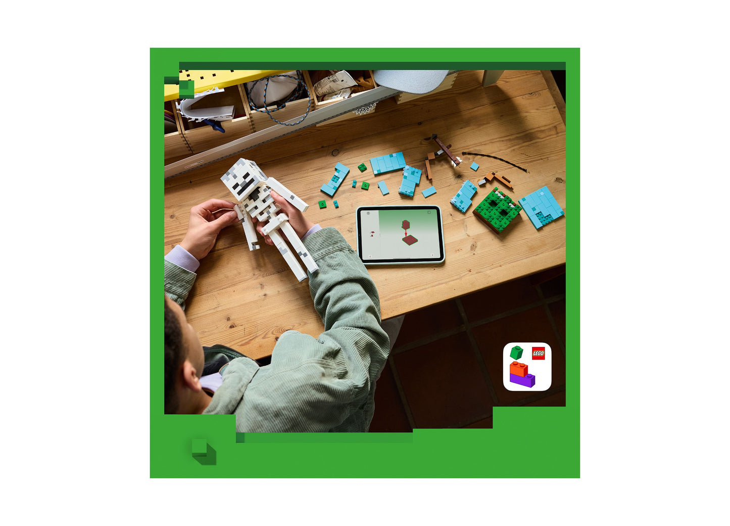 LEGO Minecraft Skeleton 21594 building set with blue and green pieces displayed on wooden table