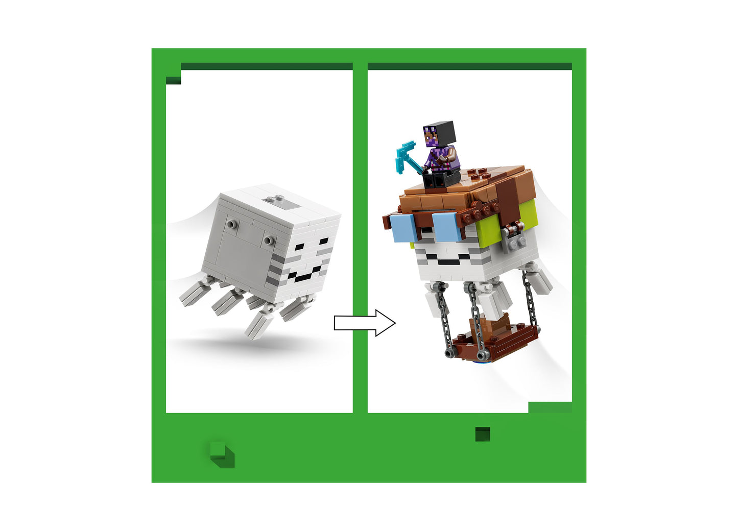 LEGO Minecraft Ghast Station building set showing white ghast mob transforming into brown wooden structure with minif...