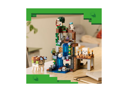 LEGO Minecraft Ghast Station 21597 building set with blue tower, brown structures, and minifigures on wooden display