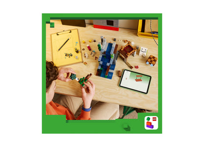 LEGO Minecraft Ghast Station 21597 building set with 754 pieces, displayed with child building blocks on wooden table