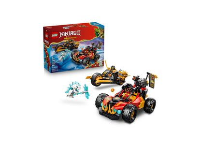 LEGO NINJAGO Kai and Cole's Combiner Vehicles 71864 set with red and gold dragon vehicle, yellow motorcycle, and ice ...