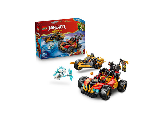 LEGO NINJAGO Kai and Cole's Combiner Vehicles 71864 set with red and gold dragon vehicle, yellow motorcycle, and ice ...