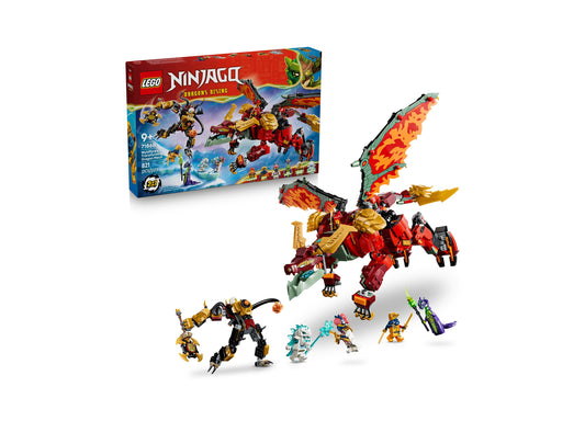 LEGO NINJAGO Dragons Rising Wyldfyre's Transforming Dragon Mech set with red and gold dragon, yellow mech robot, and ...