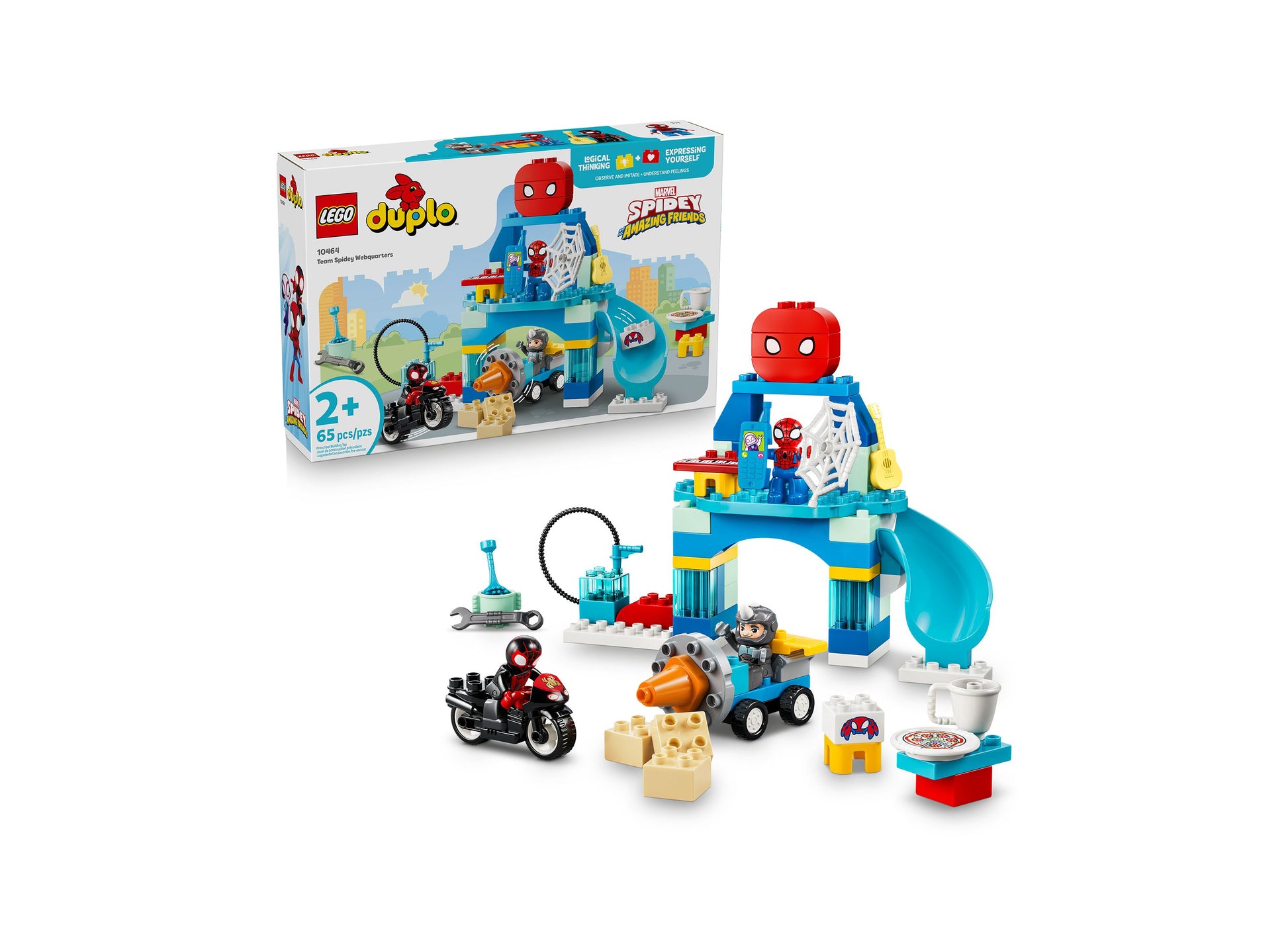 LEGO DUPLO Marvel Team Spidey Webquarters 10464 building set with red Spider-Man figure, blue headquarters, motorcycl...