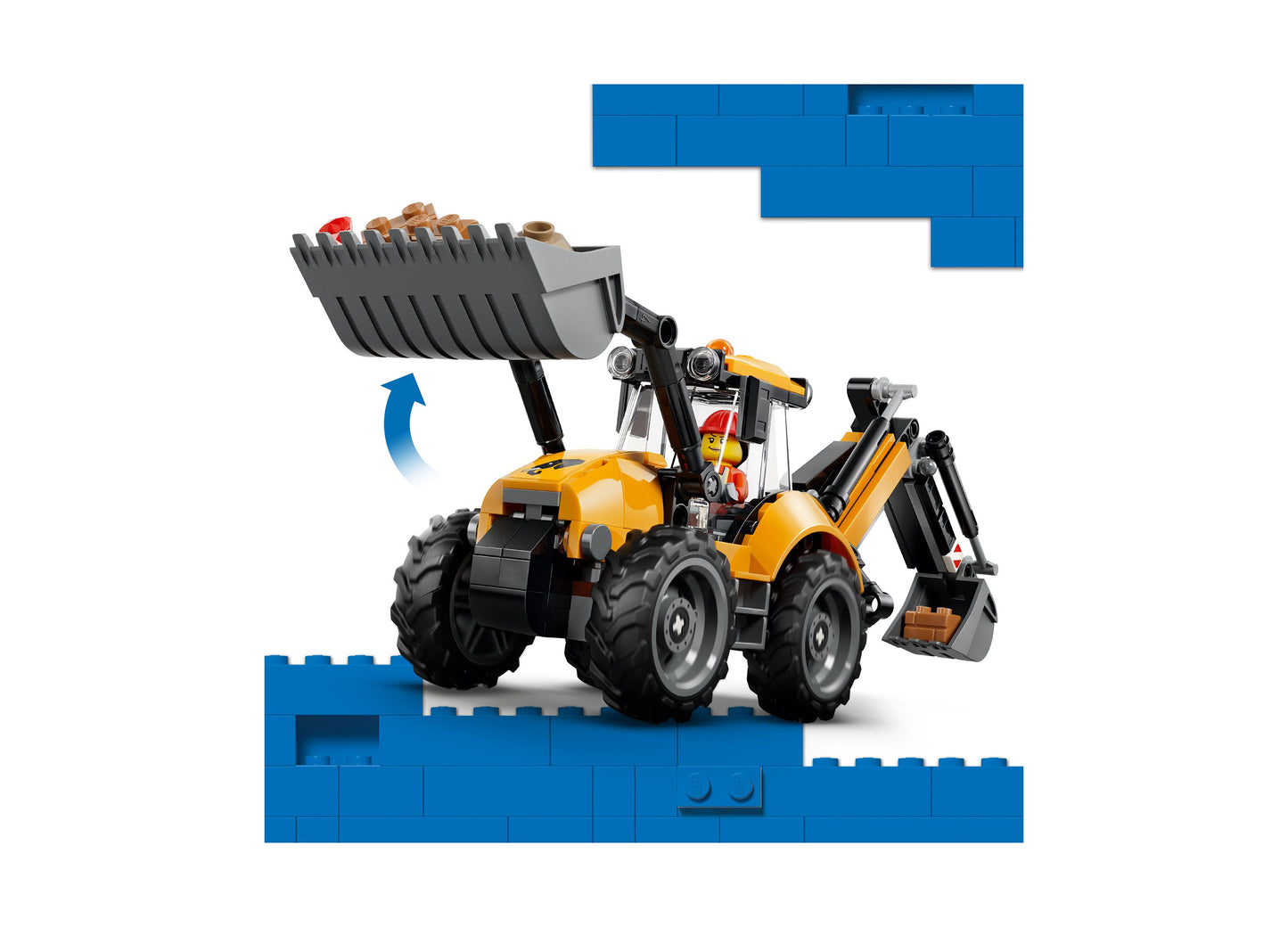 LEGO City Backhoe Loader 60480 yellow and black construction vehicle with raised bucket and digger arm on blue brick ...