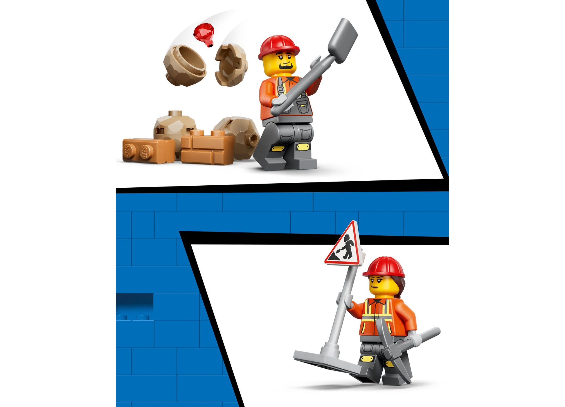 LEGO City Backhoe Loader 60480 building set with construction worker minifigures and equipment