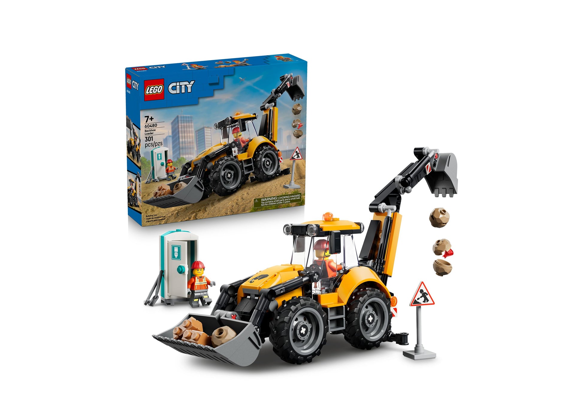 LEGO City Backhoe Loader 60480 yellow construction vehicle set with minifigure and accessories