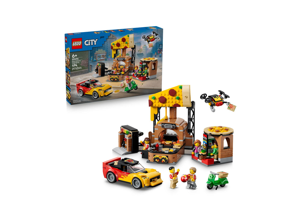 LEGO City Pizza Delivery Experience 60496 set with yellow pizza shop, red delivery car, green scooter, and minifigures