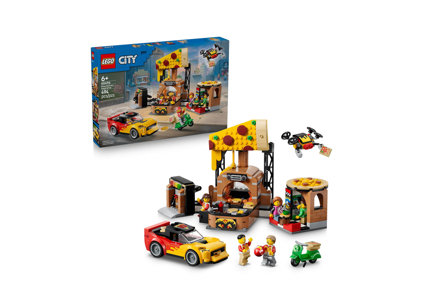 LEGO City Pizza Delivery Experience 60496 set with yellow pizza shop, red delivery car, green scooter, and minifigures