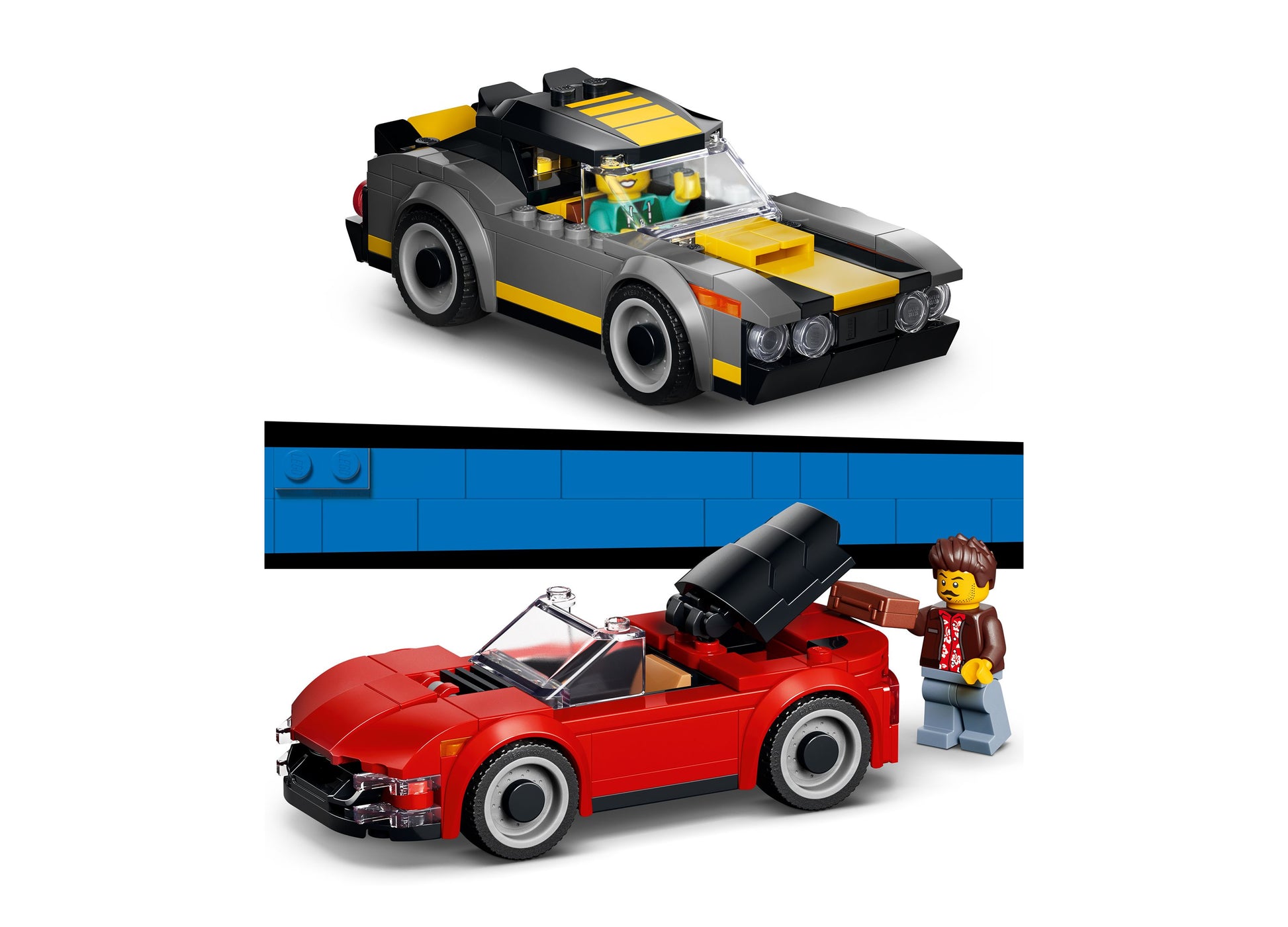 LEGO City Drive-Through Car Wash 60497 set with yellow and black race car, red convertible, and minifigure