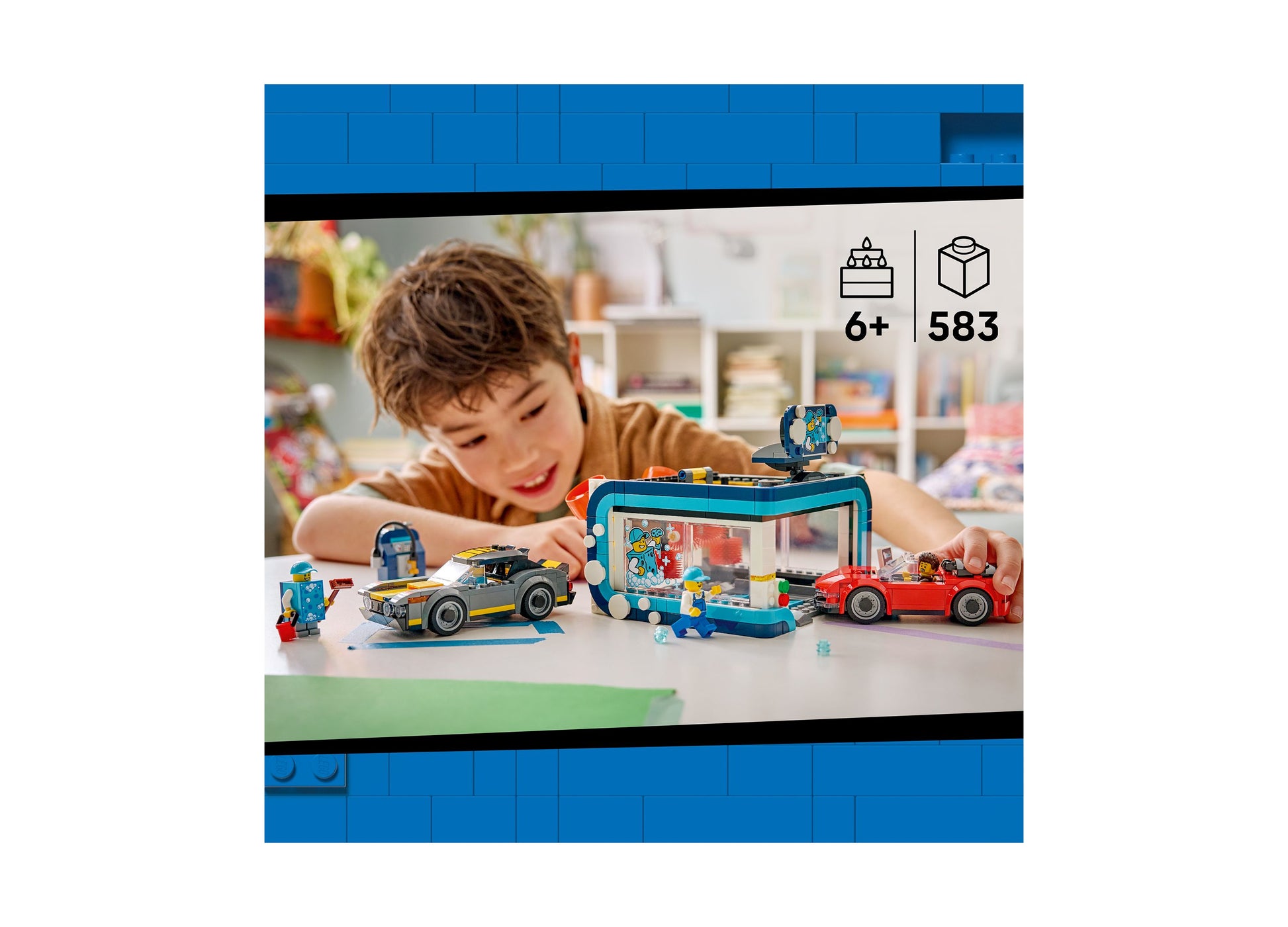 LEGO City Drive-Through Car Wash 60497 set with 583 pieces, featuring blue car wash building, red and black cars, and...