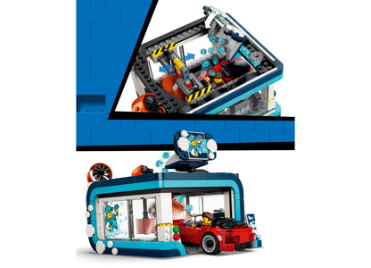 LEGO City Drive-Through Car Wash 60497 building set with blue car wash station, red car, and accessories