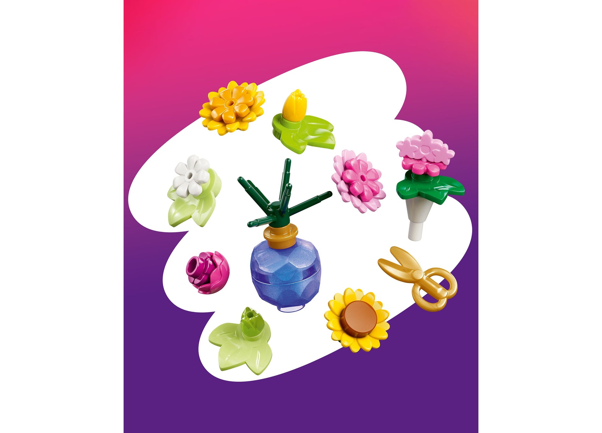 LEGO Friends Creative Flower Shop 42693 building set with colorful flower pieces in yellow, pink, white, and green